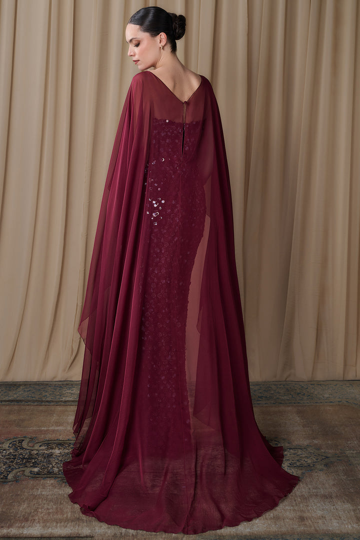 Embroidered Sequin Column Gown with Sheer Cape