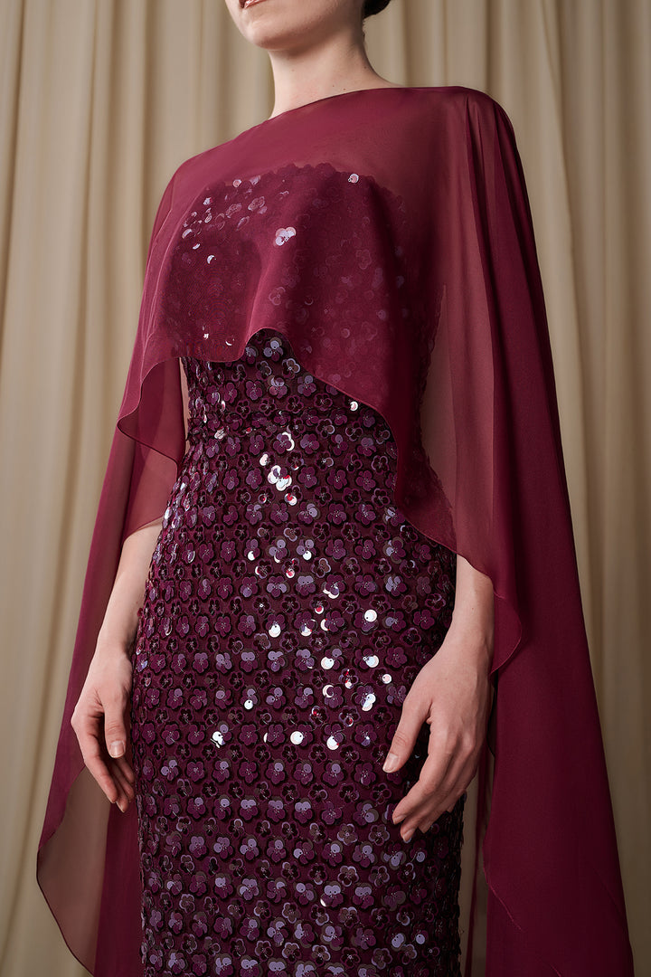 Embroidered Sequin Column Gown with Sheer Cape