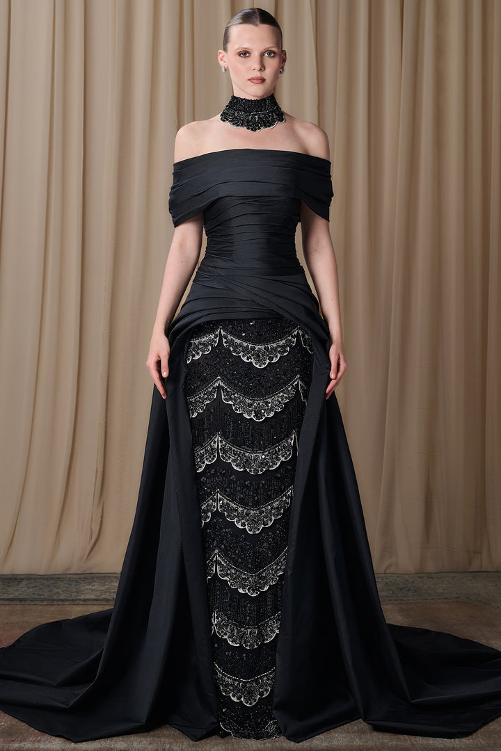Draped Off-Shoulder Satin Gown with Embroidered Tulle Skirt