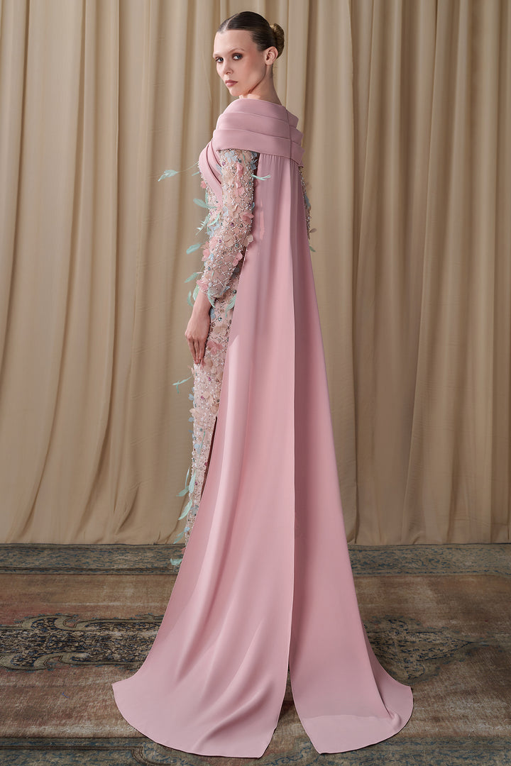 Embroidered Tulle Gown with Draped Cape