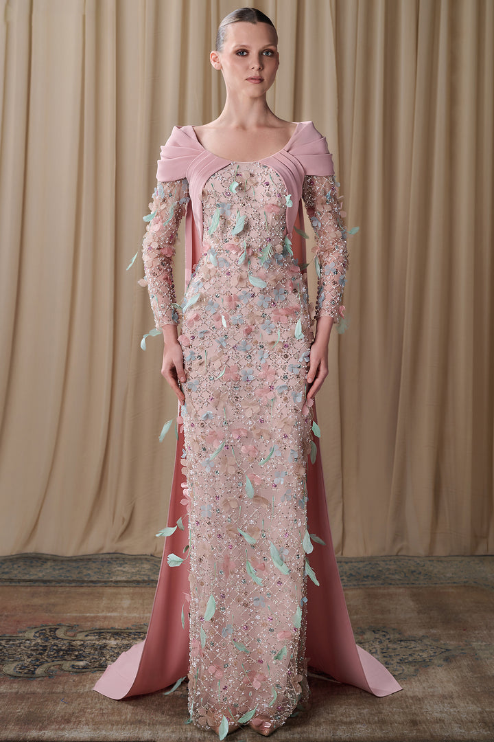 Embroidered Tulle Gown with Draped Cape