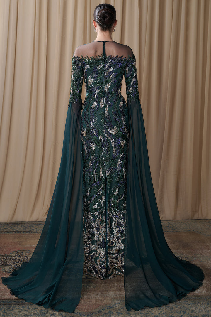 Embroidered Illusion Gown with Chiffon Cape Sleeves