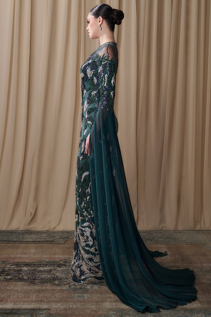 Embroidered Illusion Gown with Chiffon Cape Sleeves