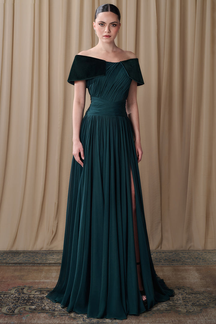 Pleated Off-Shoulder Chiffon Gown