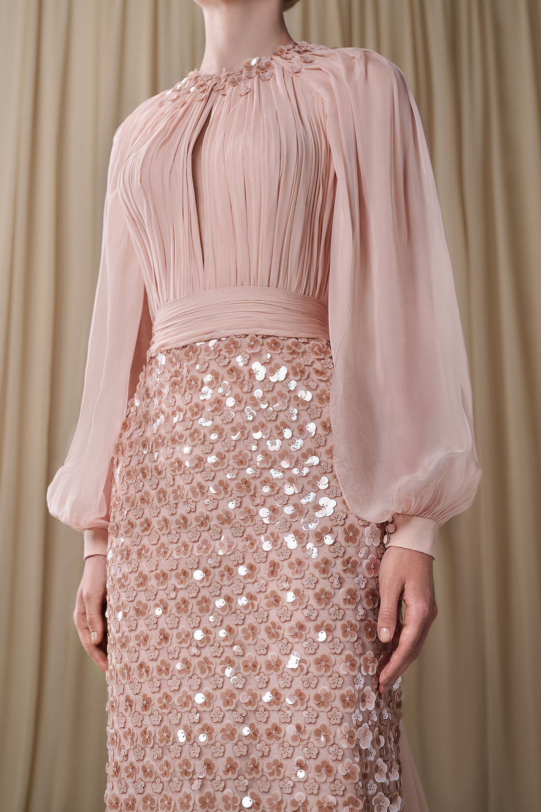 Pleated Chiffon Top with Sequinned Skirt