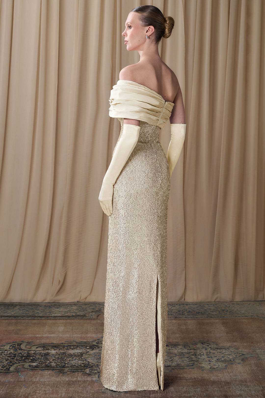 Embellished Column Gown with Draped Off-Shoulder Neckline