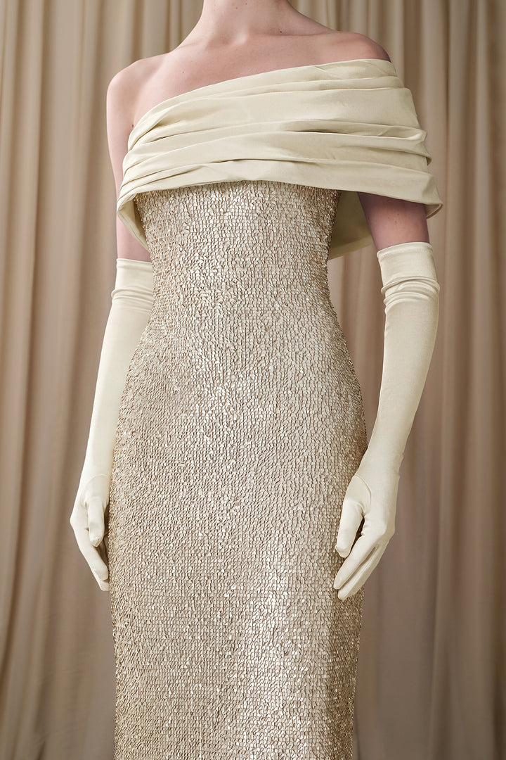 Embellished Column Gown with Draped Off-Shoulder Neckline