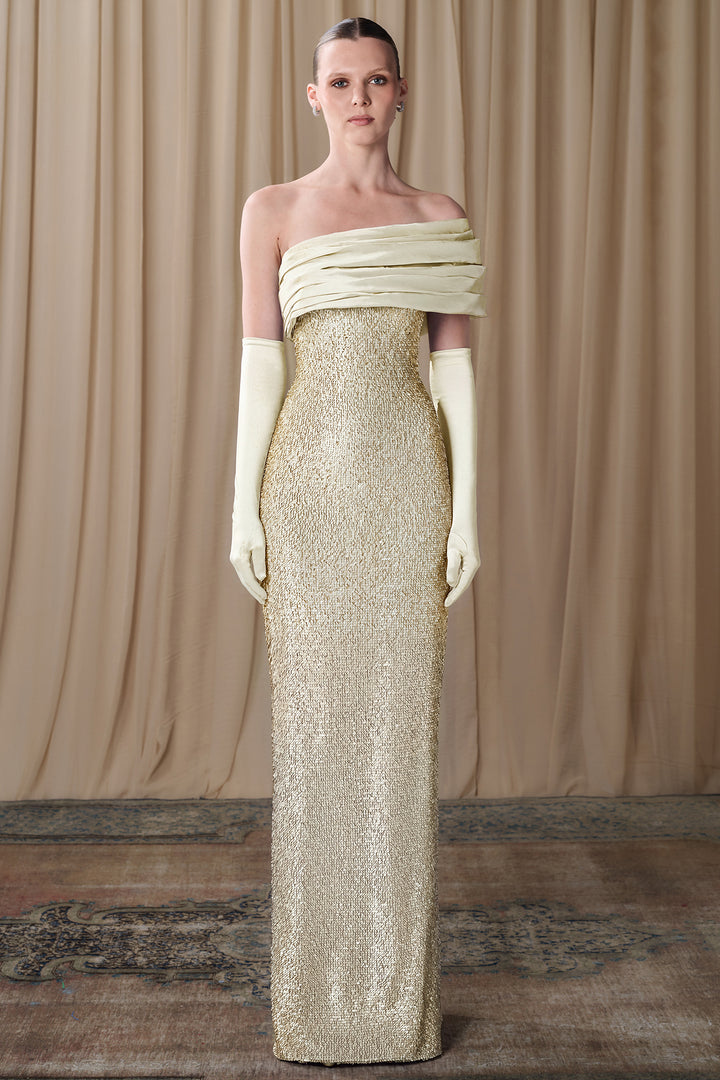 Embellished Column Gown with Draped Off-Shoulder Neckline
