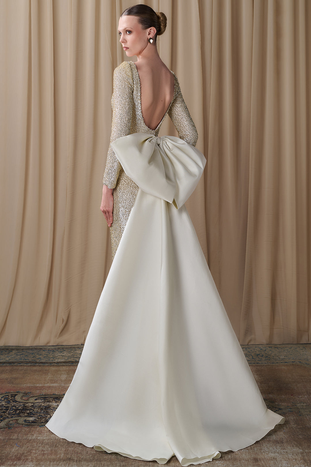 Embellished Column Gown with Taffeta Overskirt Bow
