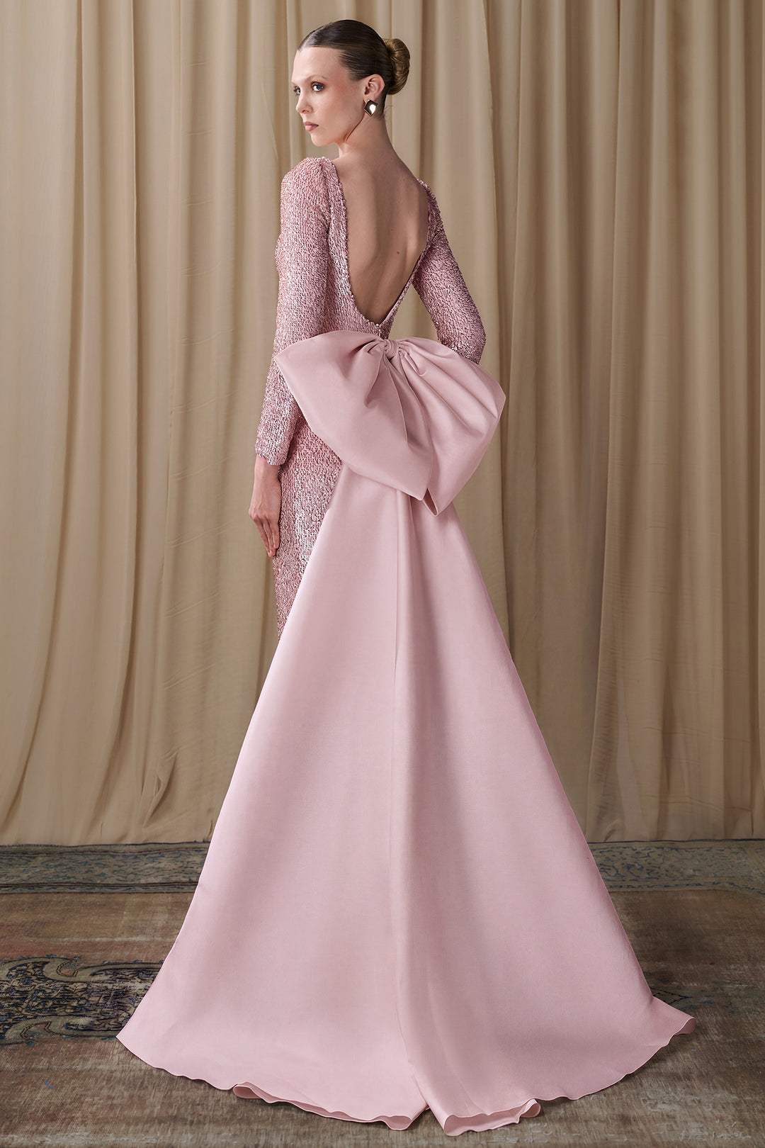 Embellished Column Gown with Taffeta Overskirt Bow