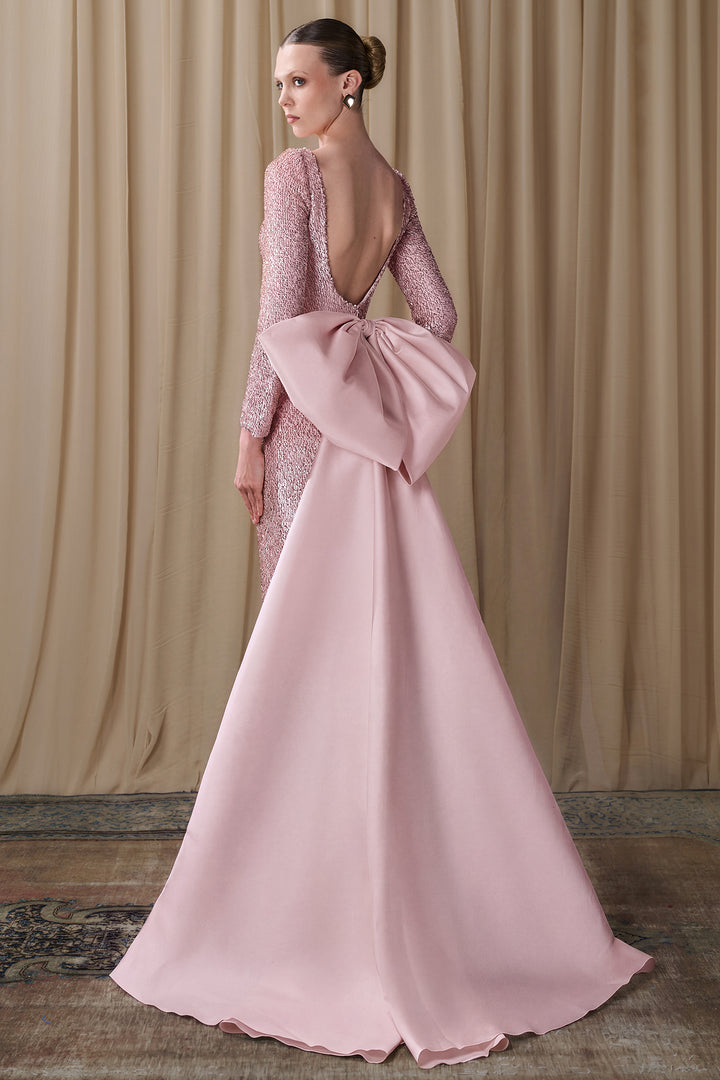 Embellished Column Gown with Taffeta Overskirt Bow