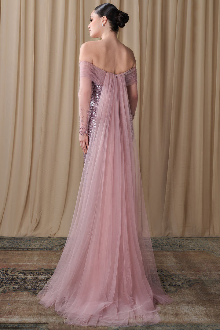 Off-Shoulder Sequinned Column Gown with Tulle Cape