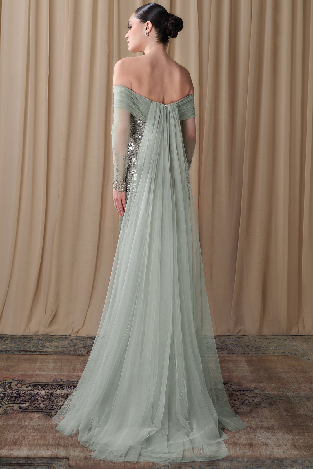 Off-Shoulder Sequined Column Gown with Tulle Cape