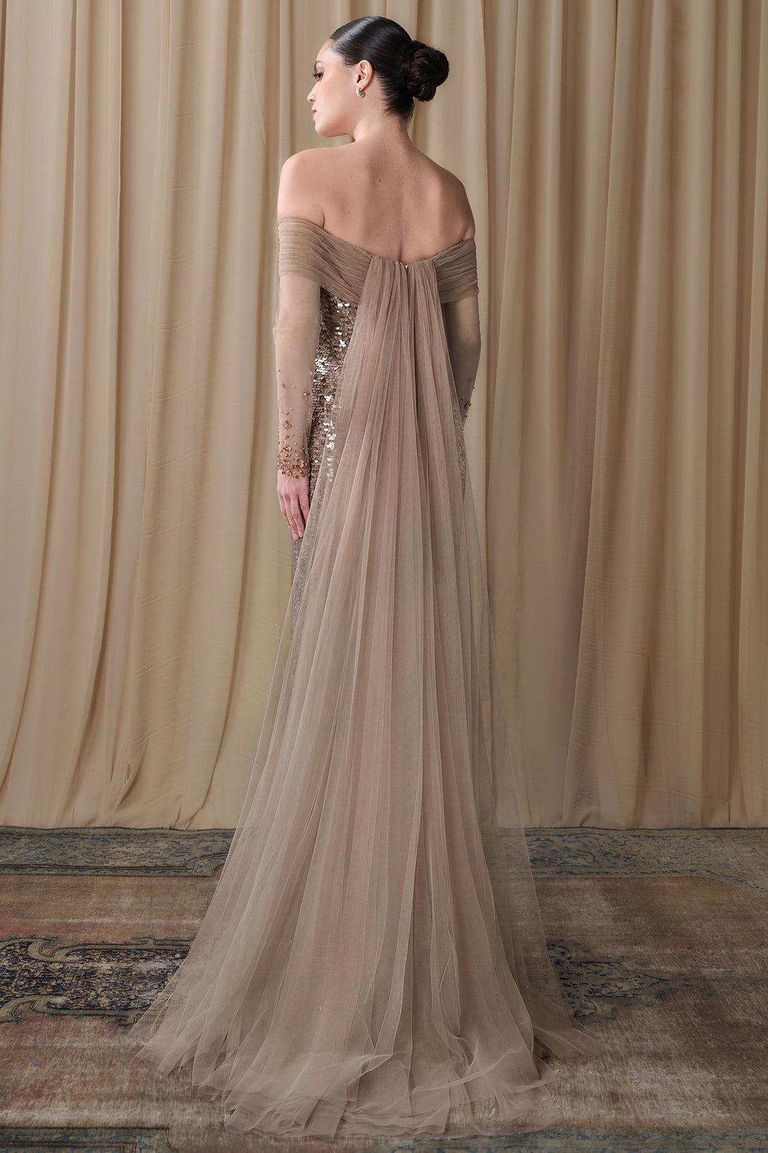 Off-Shoulder Sequined Column Gown with Tulle Cape