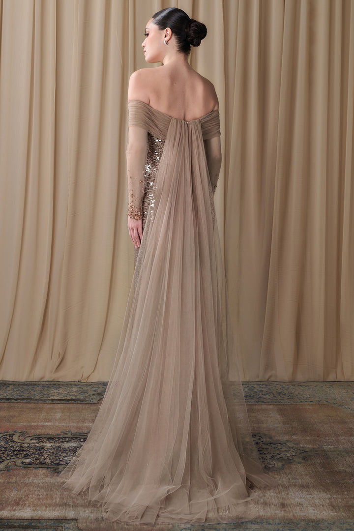 Off-Shoulder Sequined Column Gown with Tulle Cape