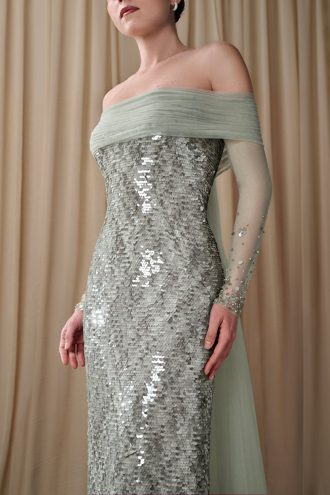Off-Shoulder Sequined Column Gown with Tulle Cape