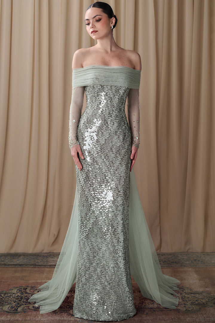 Off-Shoulder Sequined Column Gown with Tulle Cape