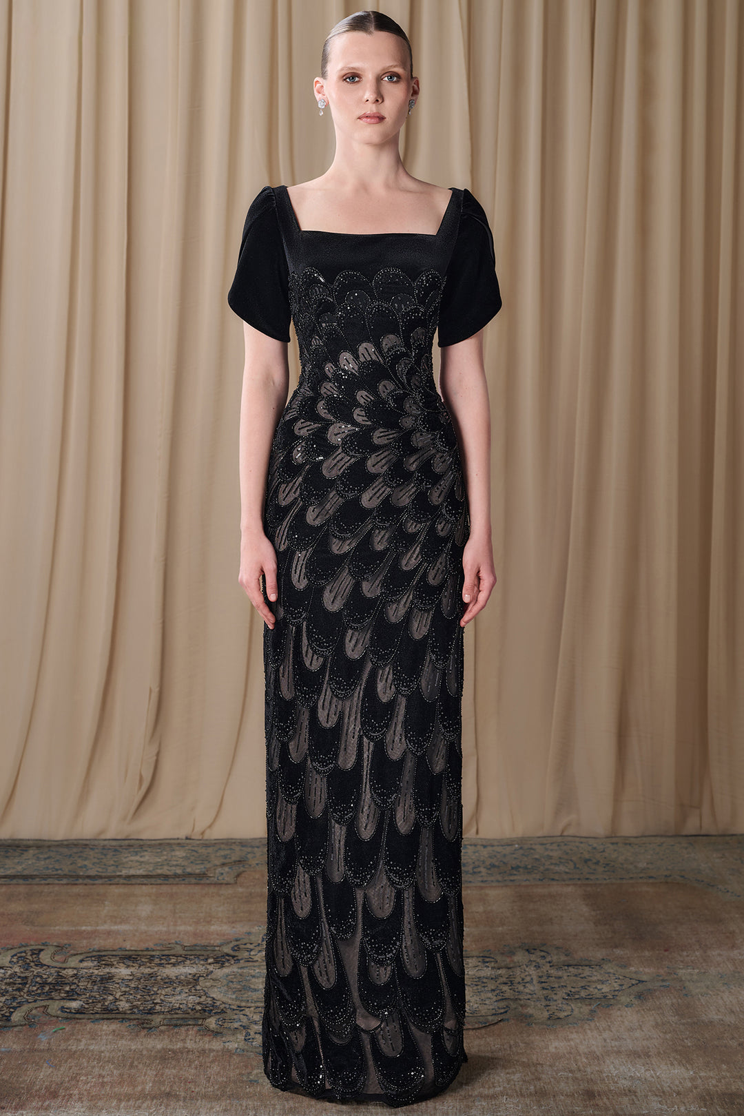 Embroidered Tulle Column Gown with Crepe Sleeves