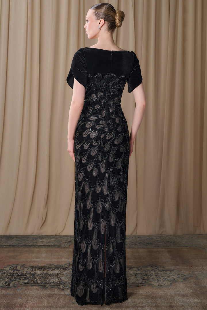 Embroidered Tulle Column Gown with Crepe Sleeves