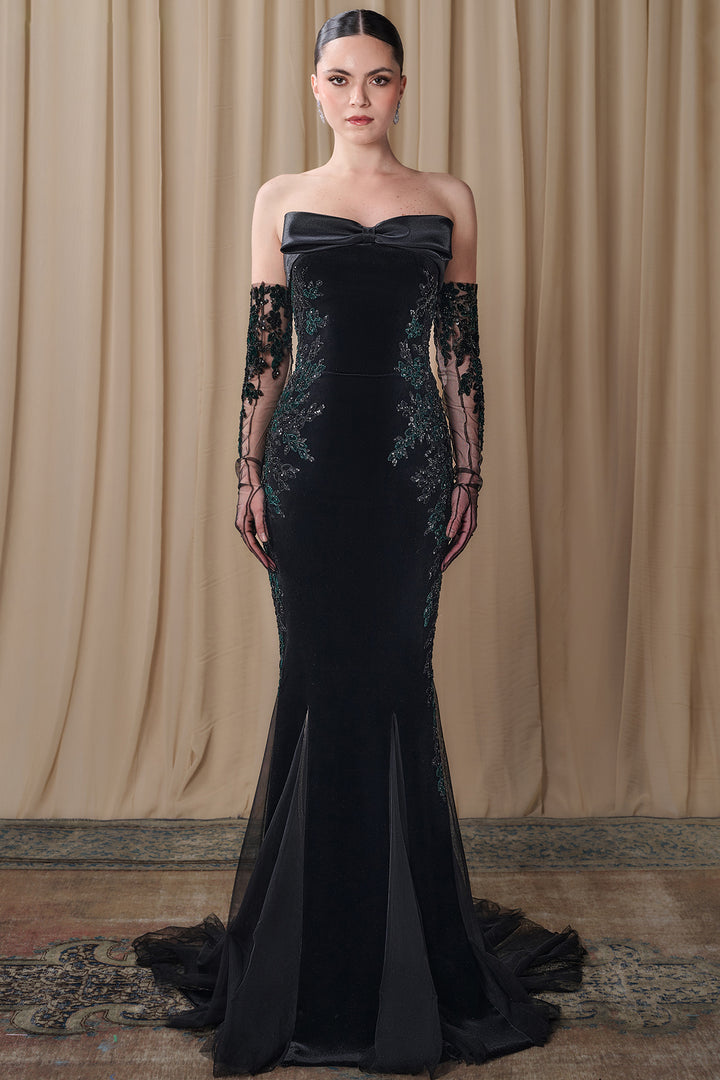 Strapless Crepe Gown with Embroidered Tulle Sleeves