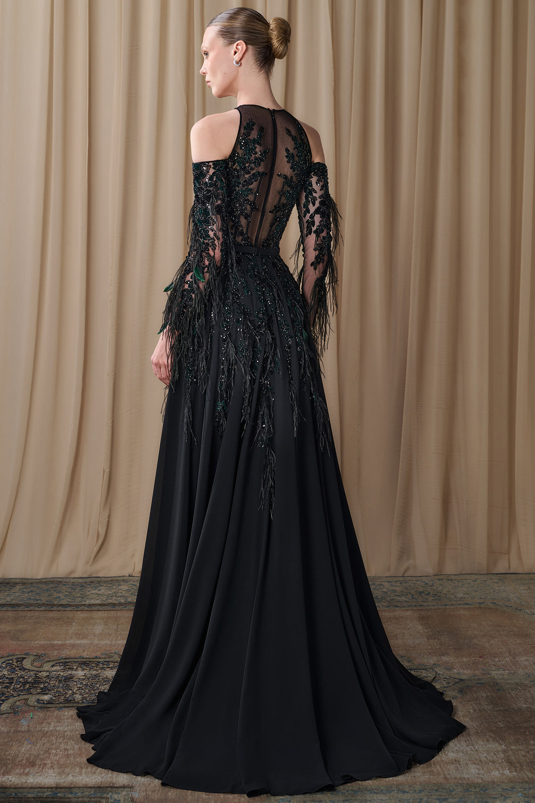 Embroidered Illusion Gown with Feathered Sleeves