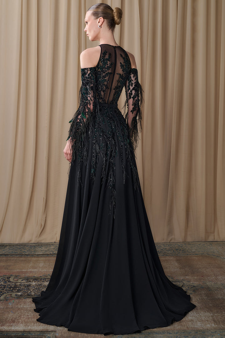 Embroidered Illusion Gown with Feathered Sleeves