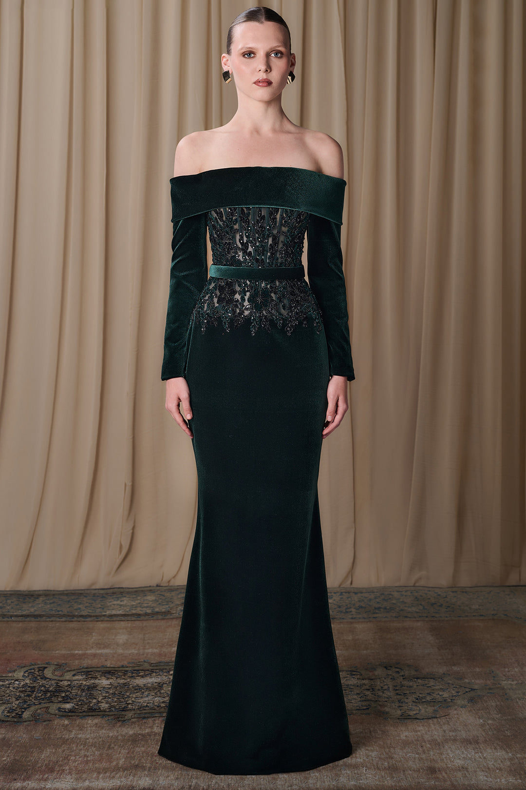 Velvet Off-Shoulder Gown with Embroidered Illusion Bodice