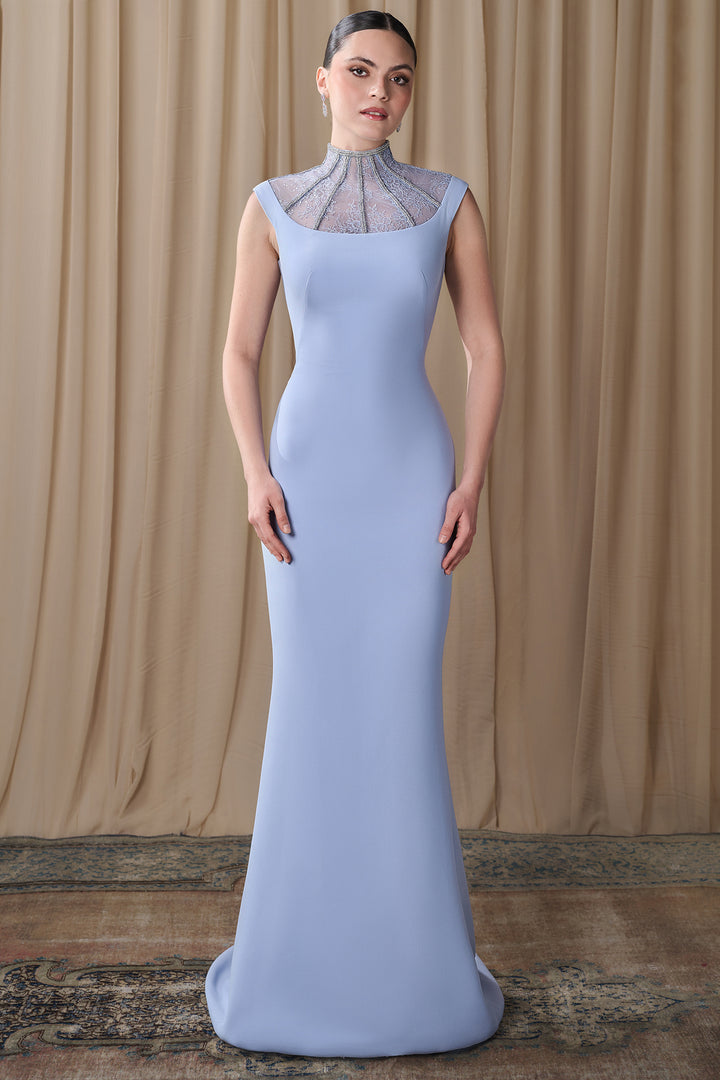 Crepe Column Gown with Embroidered Illusion Collar