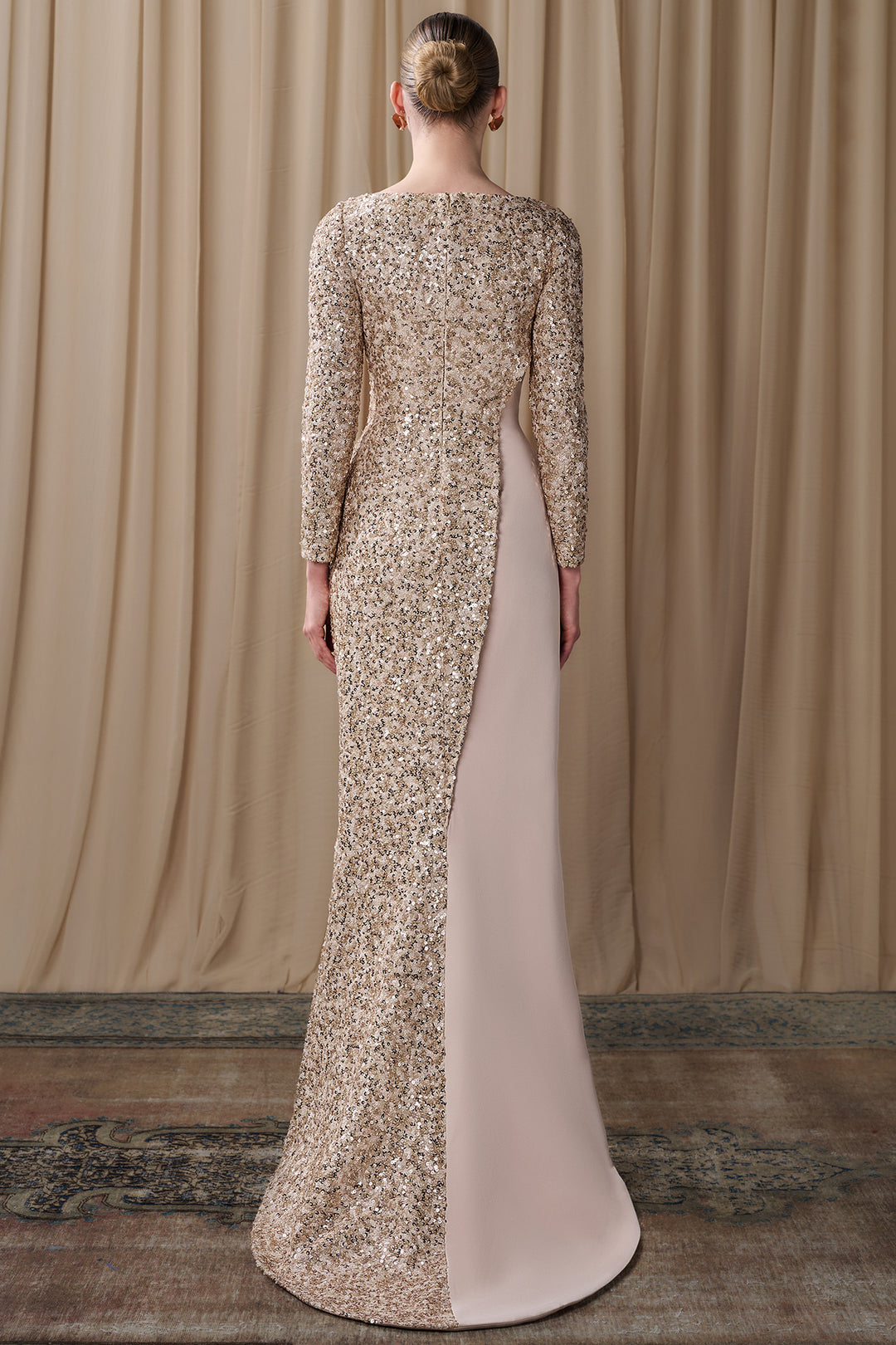 Asymmetric Sequin Bodice with Crepe Skirt