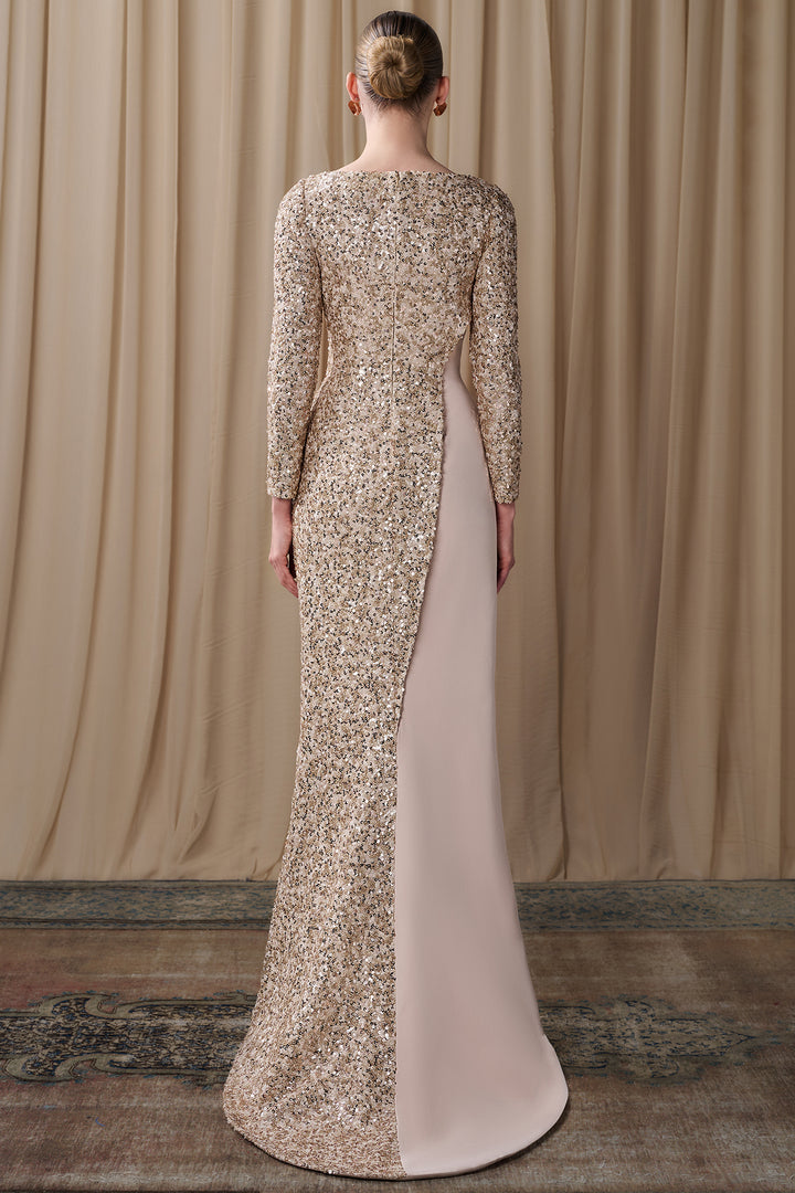 Asymmetric Sequin Bodice with Crepe Skirt