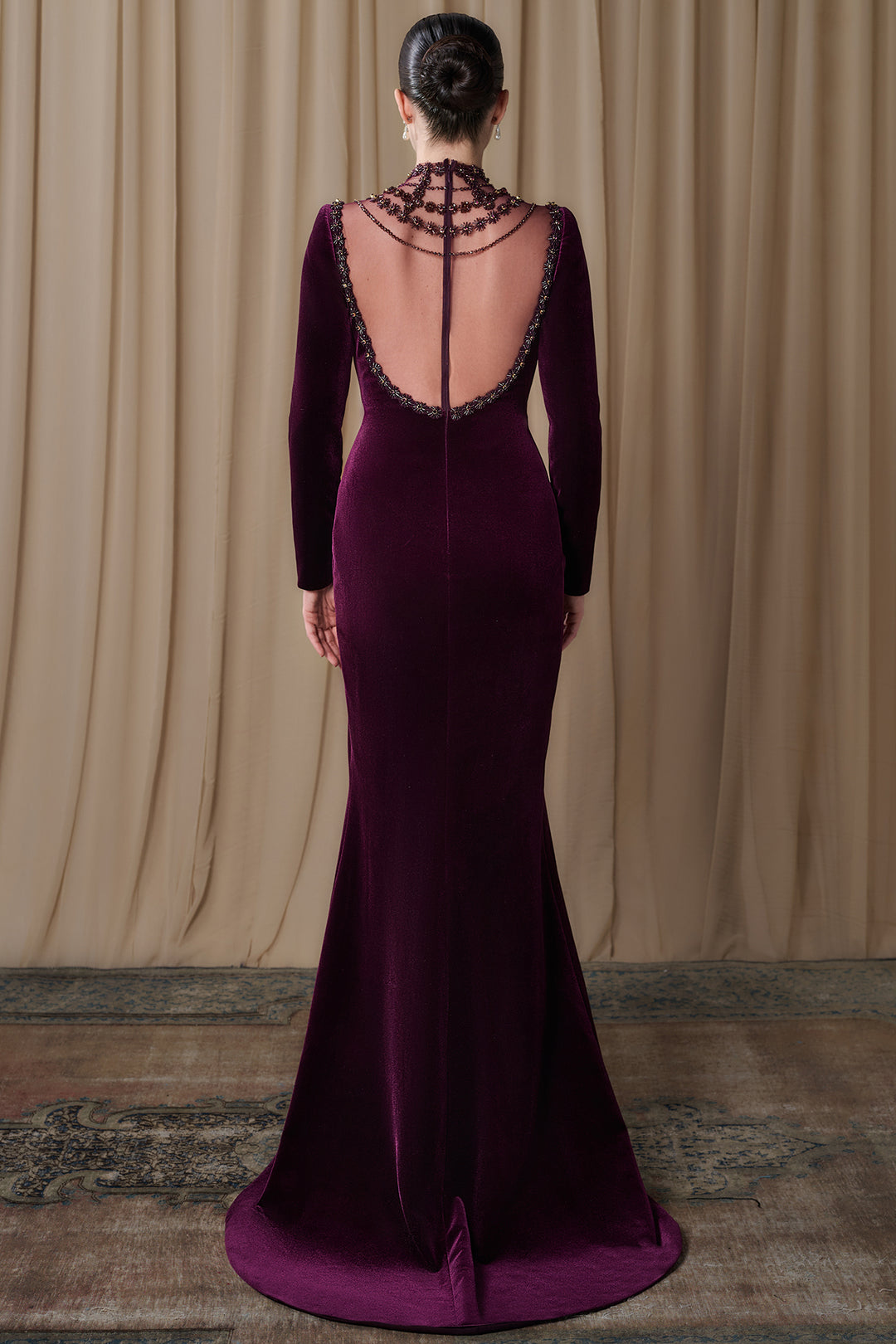 Embroidered Illusion Neckline Velvet Gown
