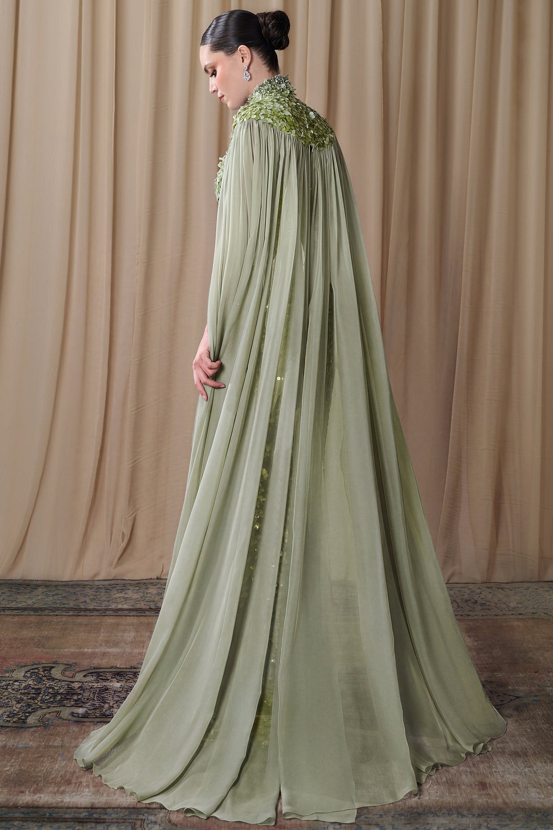Embroidered High Neck Cape Gown