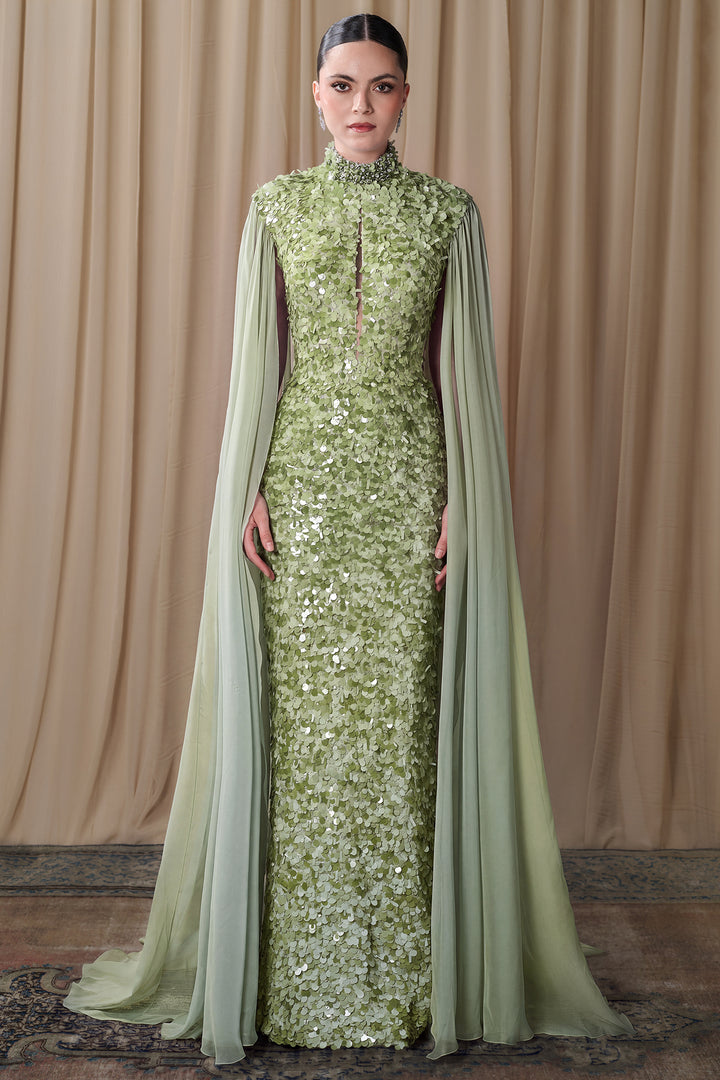 Embroidered High Neck Cape Gown