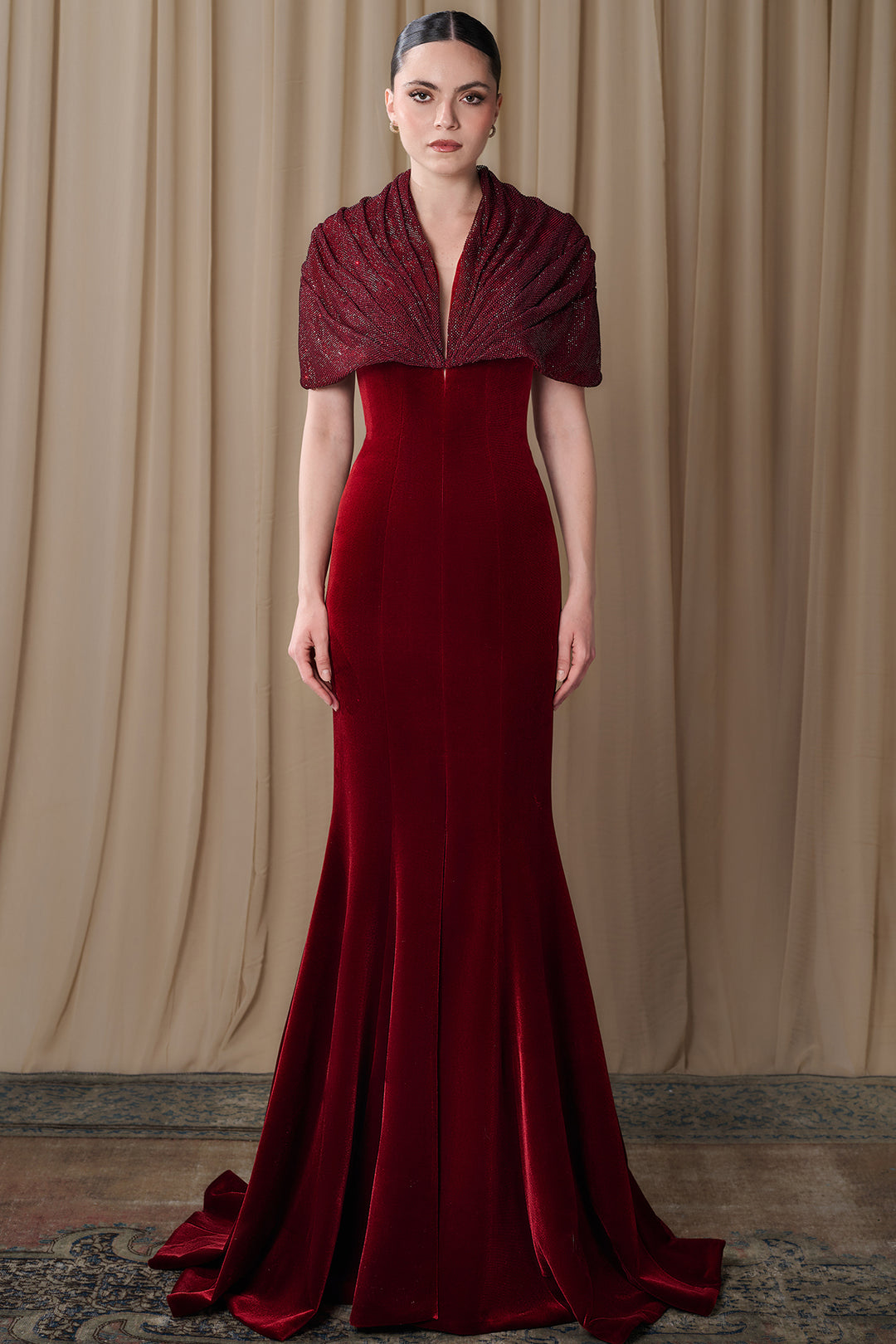 Velvet Gown with Draped Shawl Collar