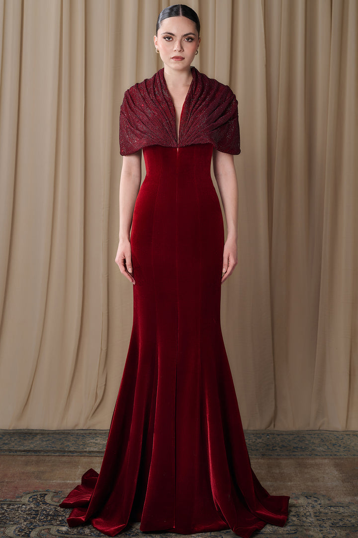Velvet Gown with Draped Shawl Collar