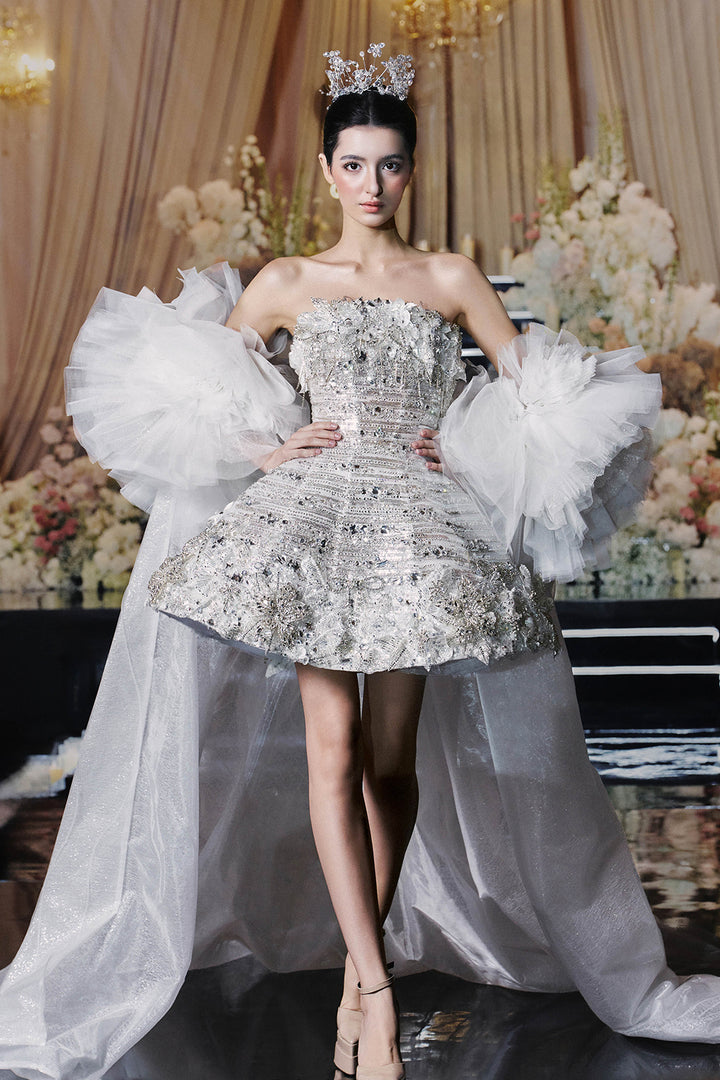 Luminous Crystal-Embellished Cape Dress