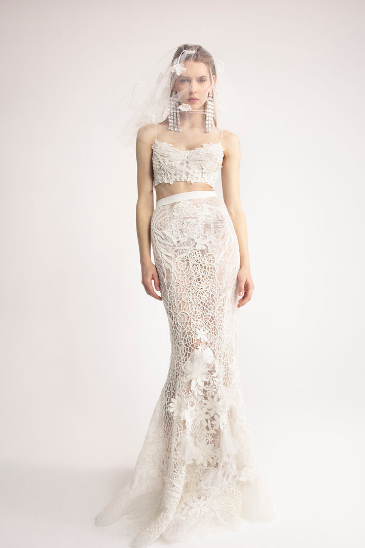 Two-Piece Bridal Set with Corset Crop Top, Mermaid Skirt, and Floral Appliqué Shirt