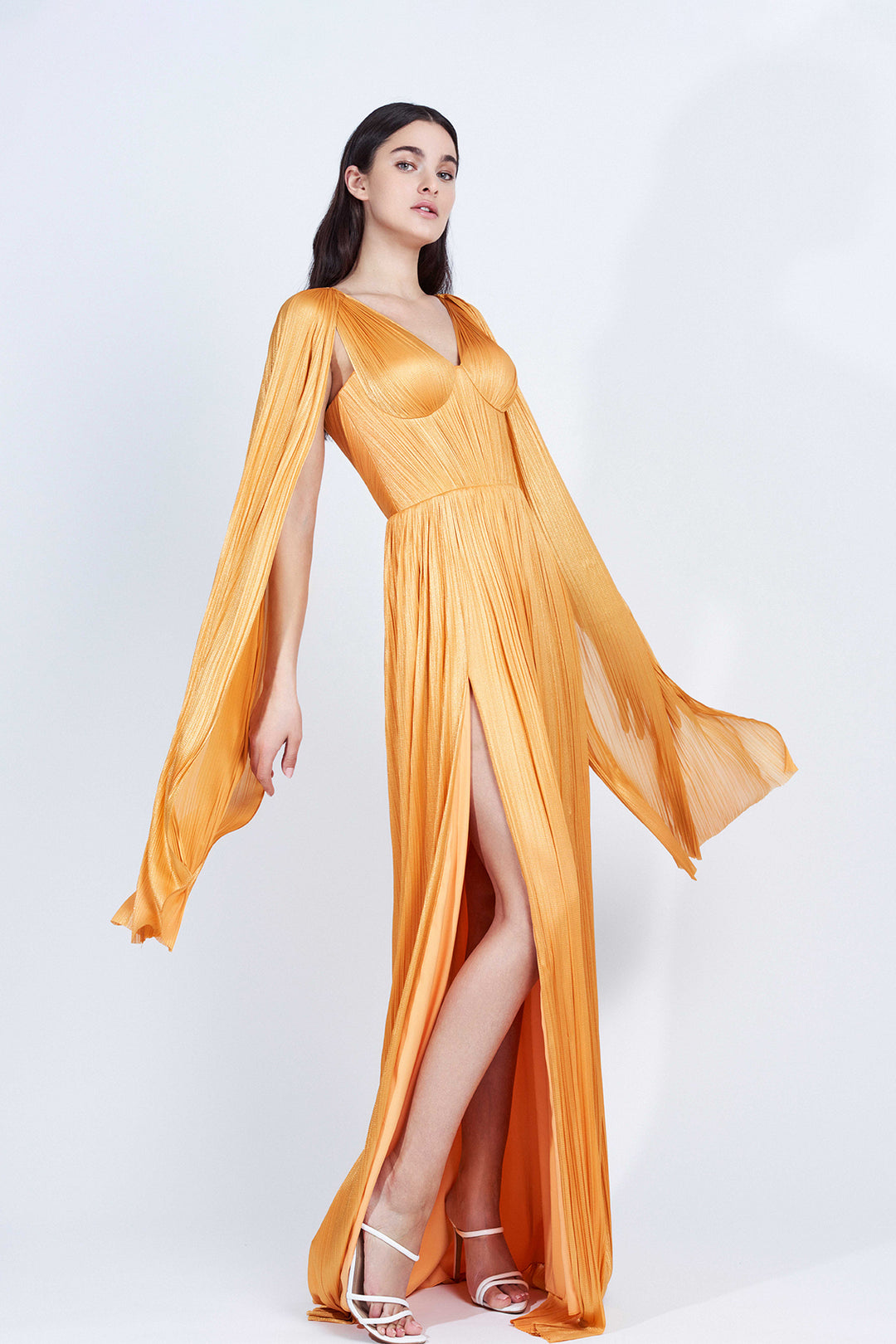 orange cape sleeve dress Chiffon A-Line Dress, Pleated Bodice, Feathers, Cape Sleeves, Waist Belt, Purple Hints Orange / FR 42