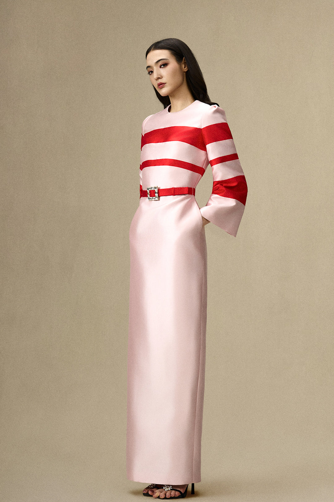 pink column dress Origami Square Neckline Roland Mouret 100% polyester lining Column Dress with Crystal Belt
