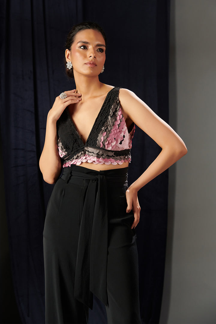 Black Crepe Two-Piece with Mesh Bralette