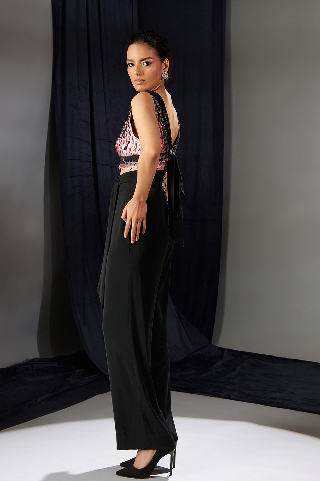 Black Crepe Two-Piece with Mesh Bralette