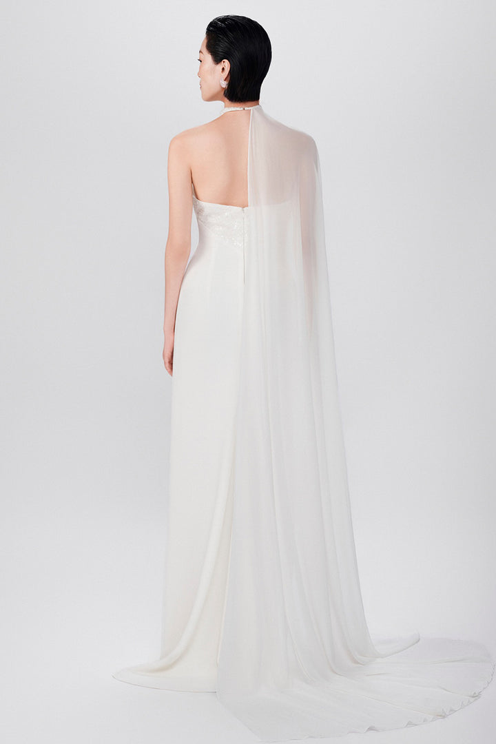 Halter Hand-Embellished Crepe with Chiffon Dress
