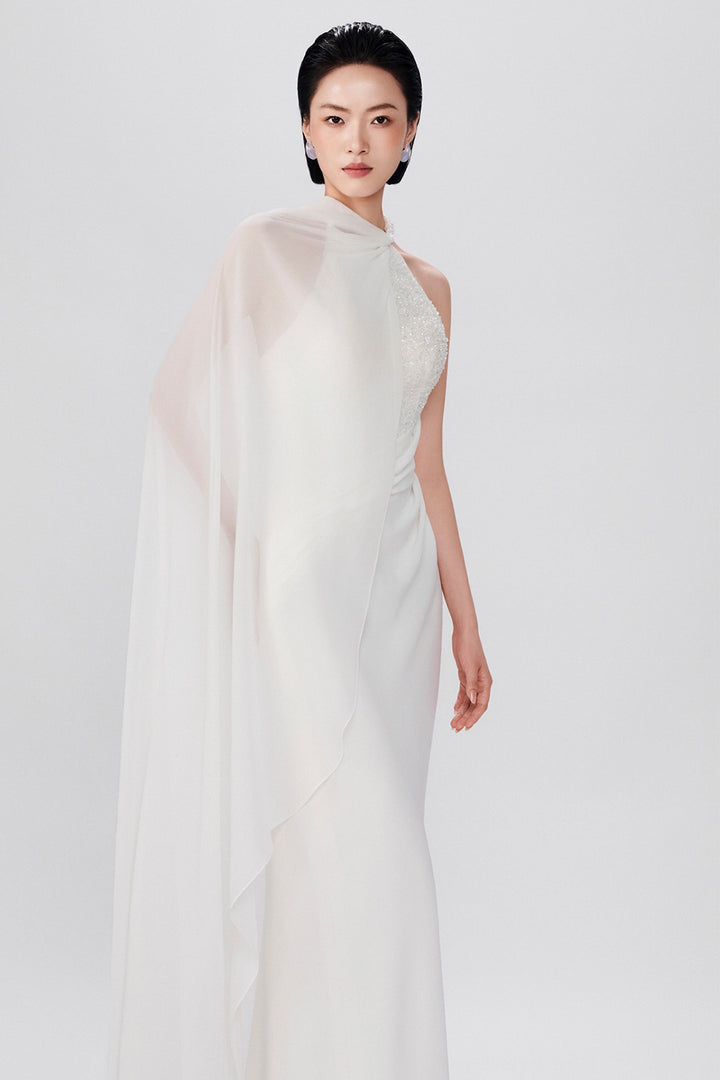 Halter Hand-Embellished Crepe with Chiffon Dress