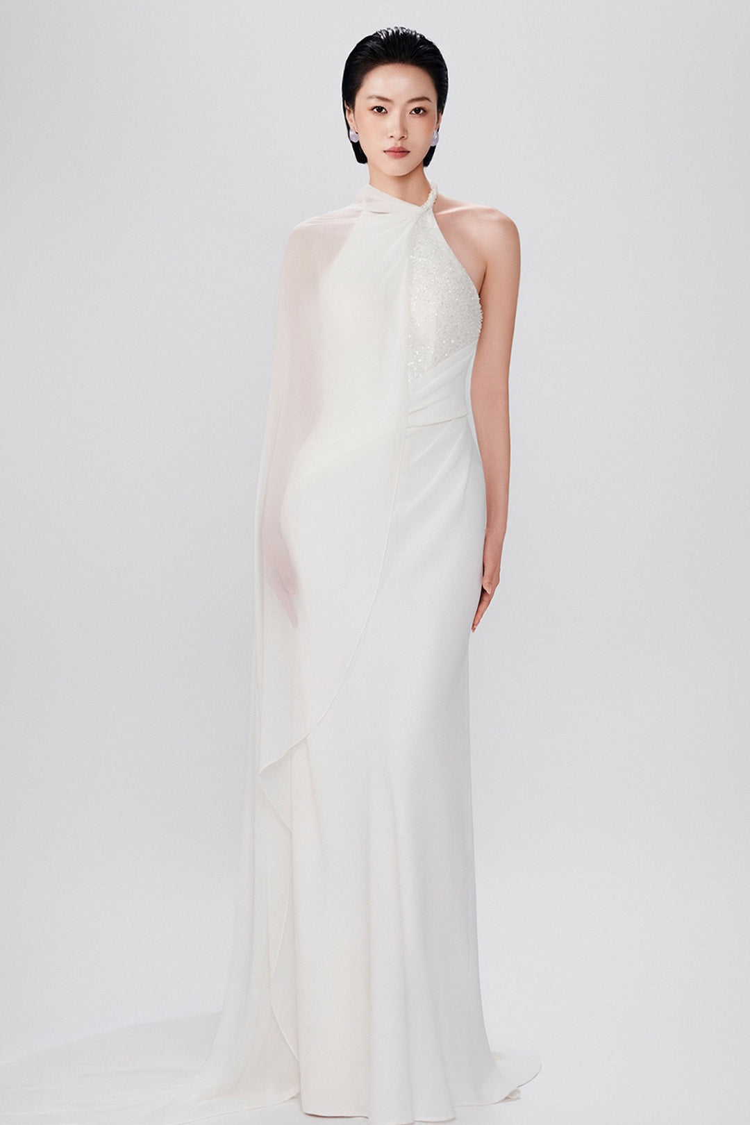 Halter Hand-Embellished Crepe with Chiffon Dress
