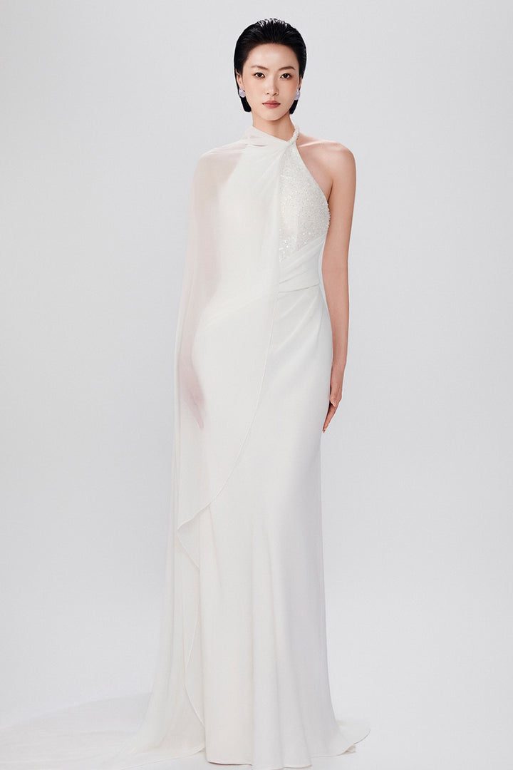 Halter Hand-Embellished Crepe with Chiffon Dress