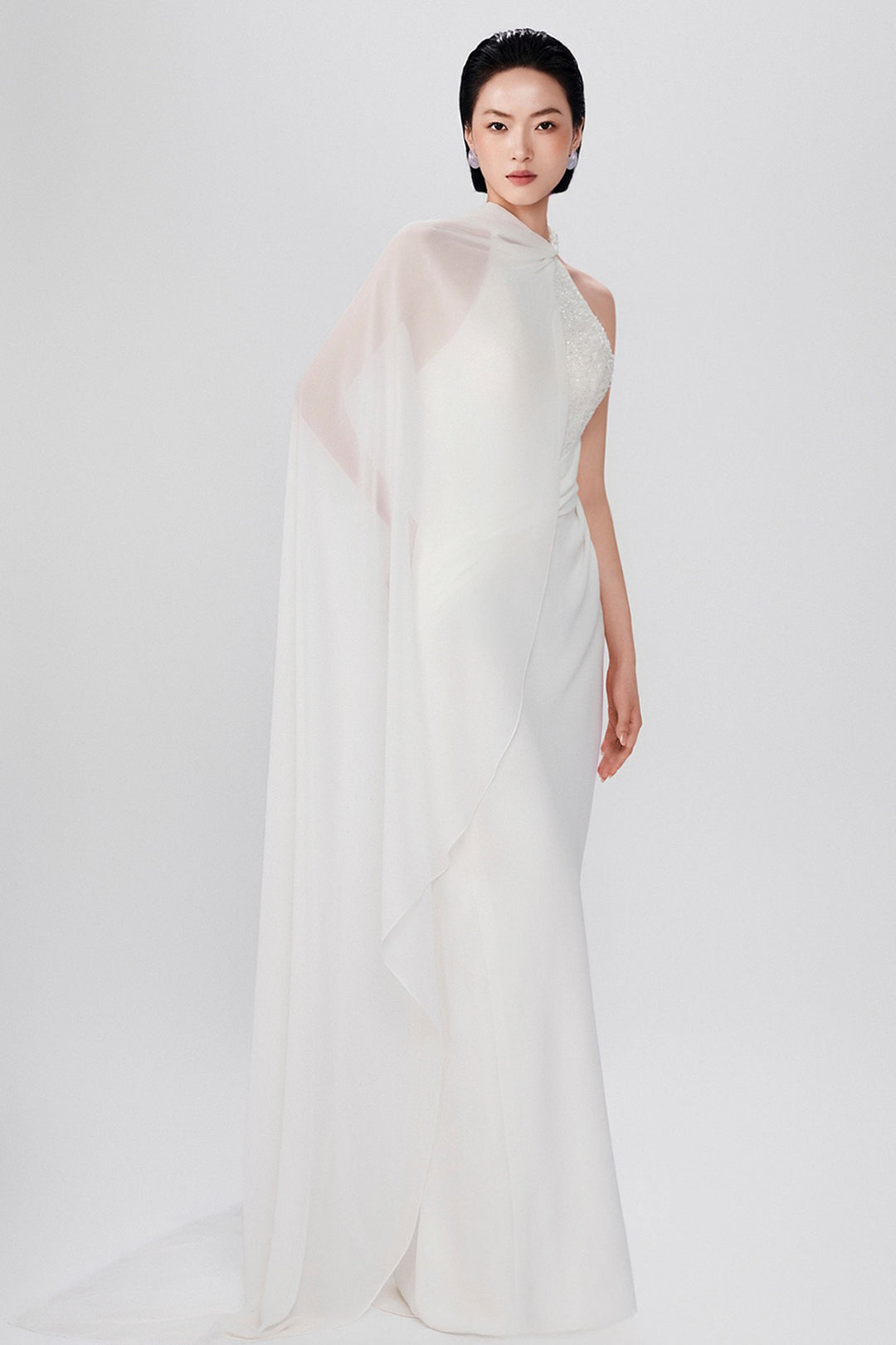 Halter Hand-Embellished Crepe with Chiffon Dress