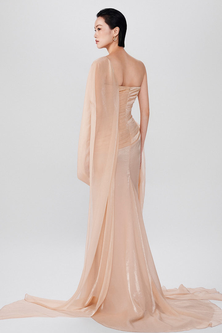Strapless with Pleated Floral Accented and Chiffon Dress
