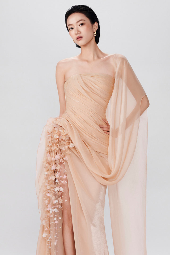 Strapless with Pleated Floral Accented and Chiffon Dress