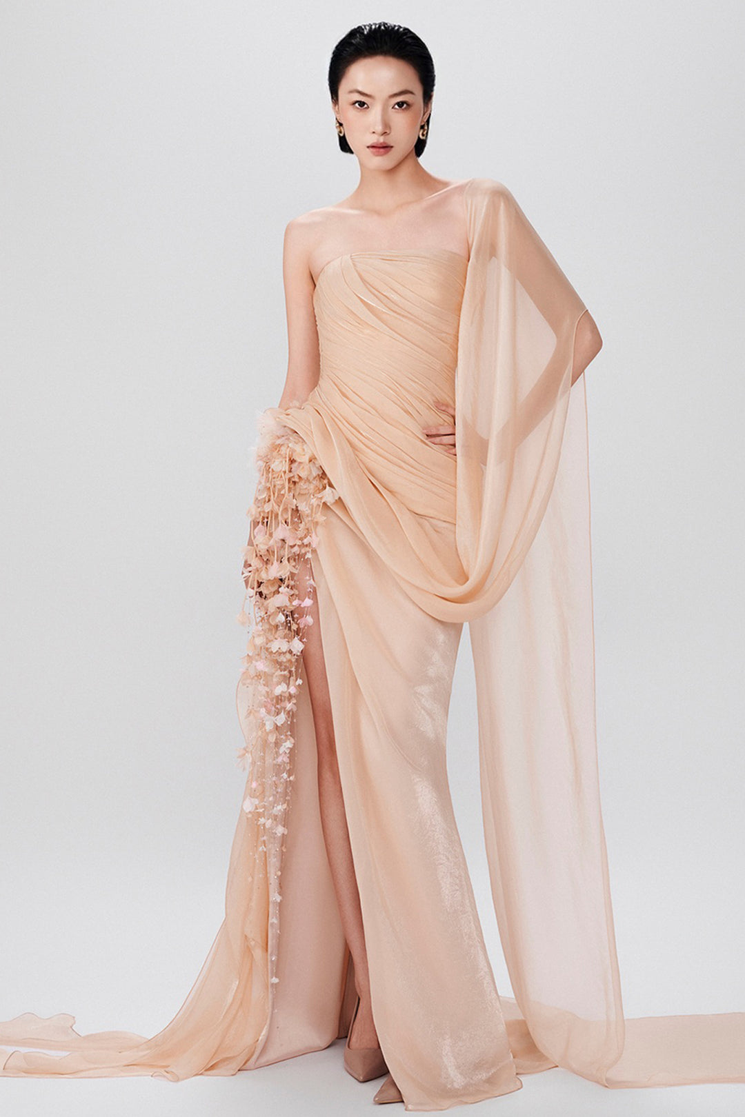 Strapless with Pleated Floral Accented and Chiffon Dress