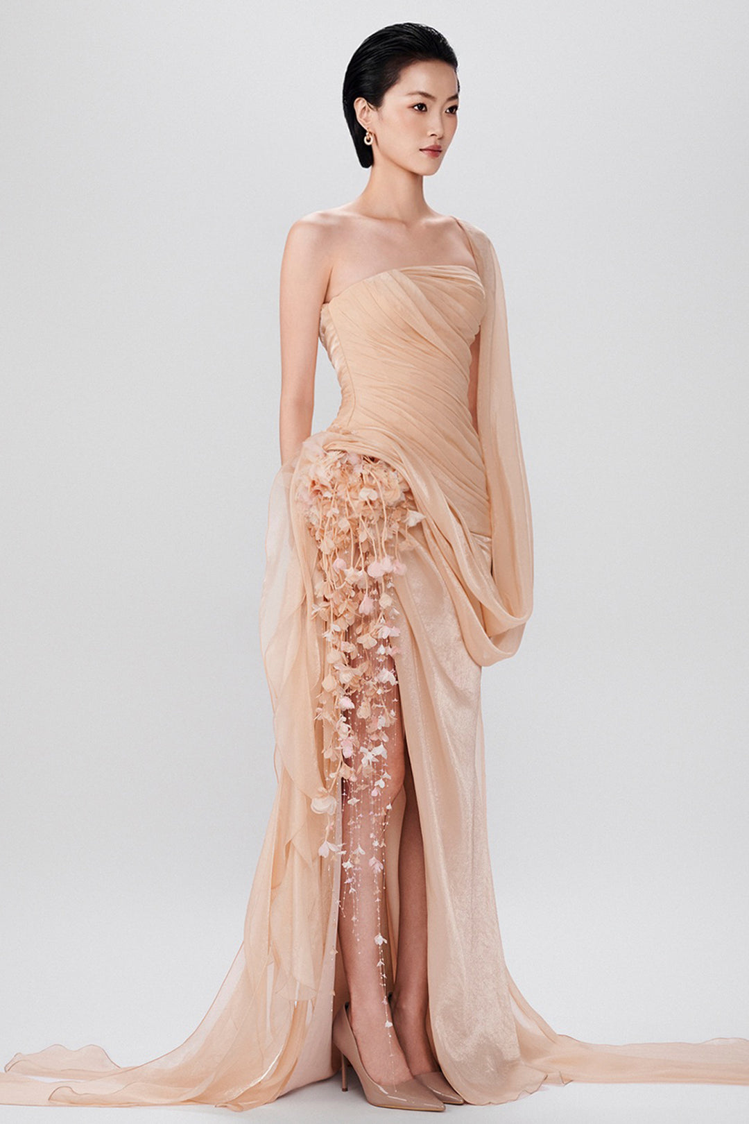 Strapless with Pleated Floral Accented and Chiffon Dress